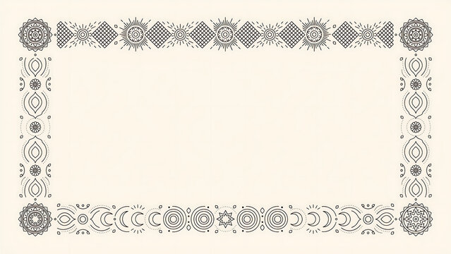 Luxury boho geometric border frame with mandala and sun motifs isolated on a transparent background