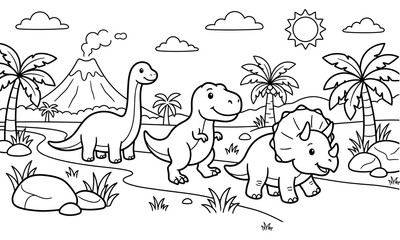 Cute Dinosaurs Prehistoric Jungle Landscape Line Art Coloring Page © MDABDUL