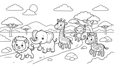 Fototapete Zoo Cute Safari Animals Line Art Coloring Page for Kids Vector  © MDABDUL