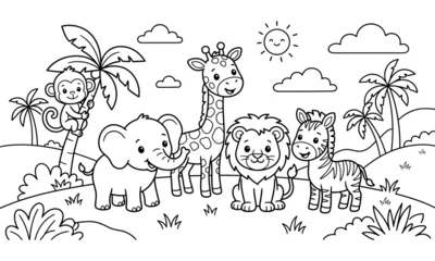 Fototapete Zoo Cute Safari Wild Animals Lion Elephant Giraffe Jungle Landscape Coloring Page  © MDABDUL