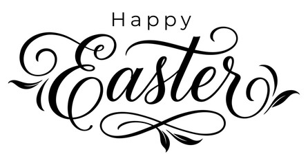 Elegant happy easter hand lettering calligraphy design with decorative swirls and floral leaf accents on white background