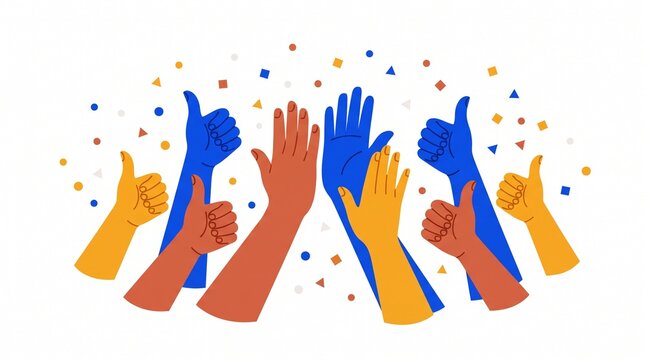 Colorful vector illustration of diverse hands raised with thumbs up, high fives, and applause surrounded by festive confetti isolated on white background