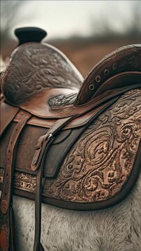 A close-up view of a beautifully decorated saddle with intricate designs and patterns. The saddle is made of leather and appears to be well-worn with time, adding character to the .