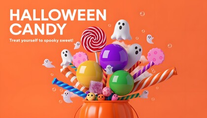 Fototapeta premium Halloween Candy Banner with 3D Pumpkin Bucket Lollipops and Cute Ghosts