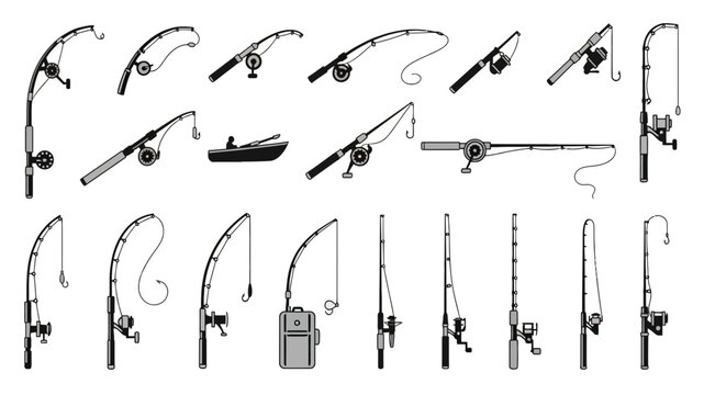 Collection of various fishing rods and hooks illustration.