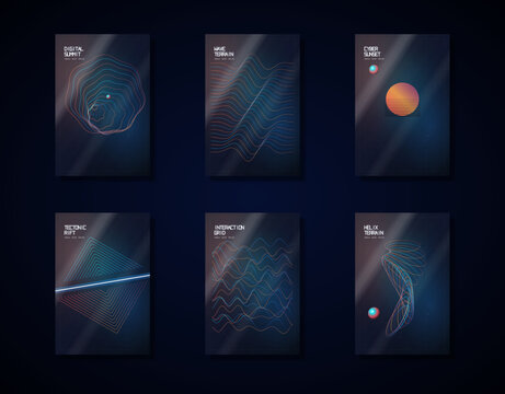 Futuristic poster design set in minimalist style with dark gradient lighting and glossy glass texture for modern technology branding
