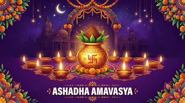 Ashadha amavasya greeting card with kalash and diya lamps