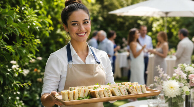 Smiling waitress serving sandwiches at outdoor garden party