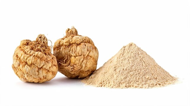 Maca root roots and herbal powder isolated on white