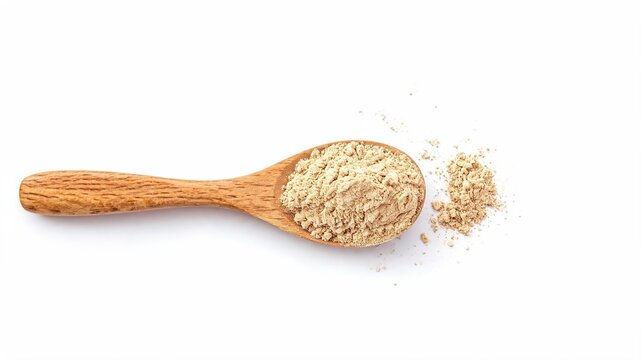 Maca root herbal powder on wooden spoon on white