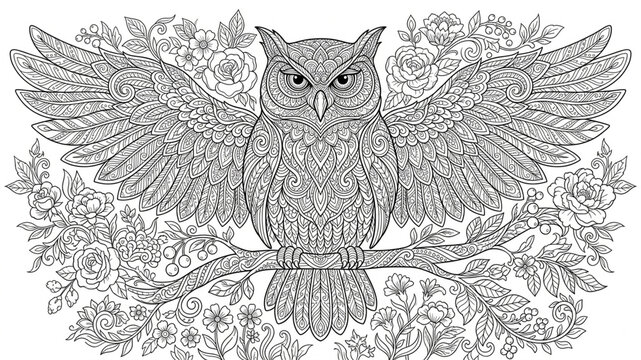 Detailed Owl Coloring Page with Decorative Zentangle Pattern