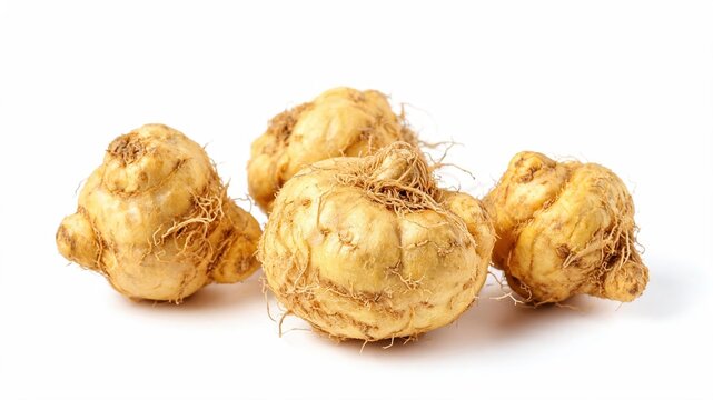 Group of yellow maca roots isolated on white