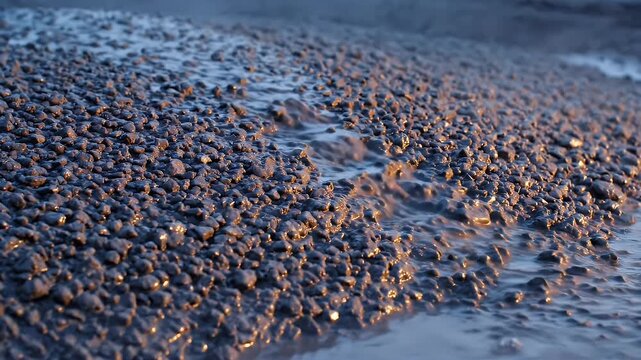 Close-up of water streaming onto a muddy, rocky surface during sunset, creating puddles and highlighting the textures.