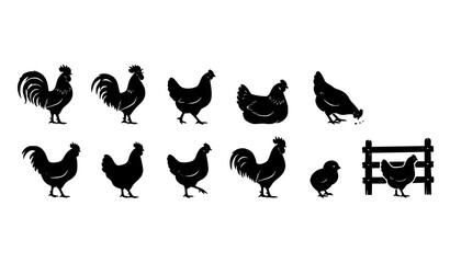 Fototapeta premium Chicken hen and rooster silhouette vector set with farm bird poses and fence