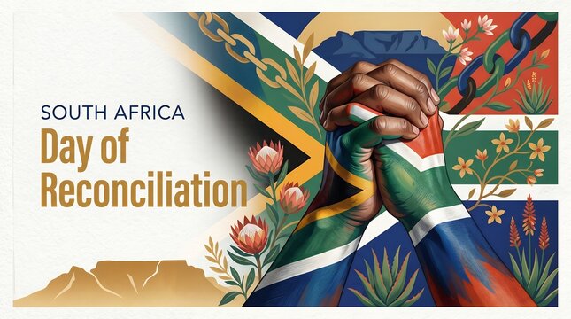 Artistic Illustration of South African Flag Painted Hands Clasping in Unity for Reconciliation Day Celebration