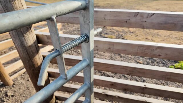 Hand tightens gate latch with a spring. Metal gate secures wooden fence against field. Sunlight casts shadows on earth and wood. Farmland setting suggests rural or farm work