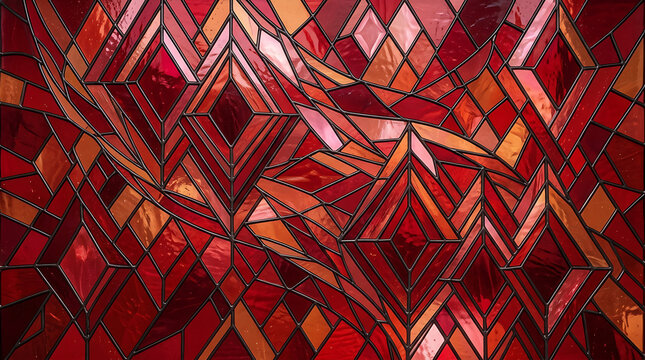 Geometric mosaic pattern with red and orange glass tiles arranged intricately transparent background