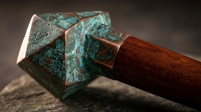 Patinated copper geometric hammer head with wooden handle.