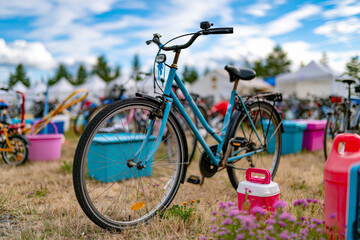 Fototapeta premium Juneteenth yard sale display with vintage bicycles, outdoor equipment and storage bins arranged in perfect order, bright blue sky, clean commercial aesthetic, captured with exceptional clarity and