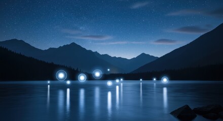 Obraz premium Nighttime lake scene with mountain range.