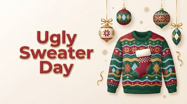Whimsical Ugly Sweater Day Celebration with Festive Ornaments and a Decorated Garment