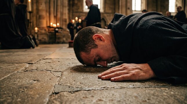 Monk lying prostrate on a stone floor in deep prayer inside a monastery. Monastic life and humility concept in a historic cathedral