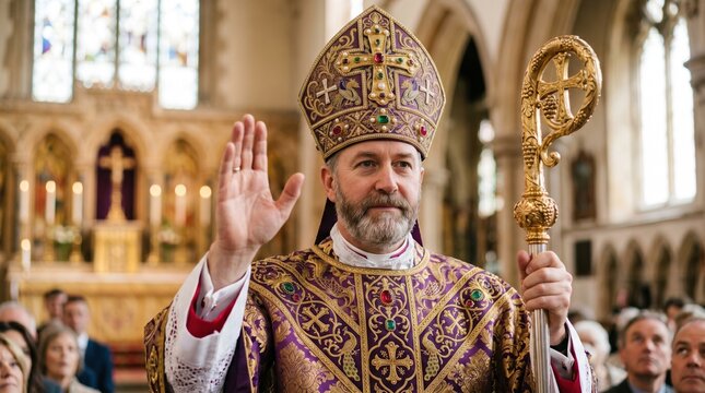 Catholic bishop in purple and gold vestments raising hand in blessing. Religious leader holding golden crosier in church
