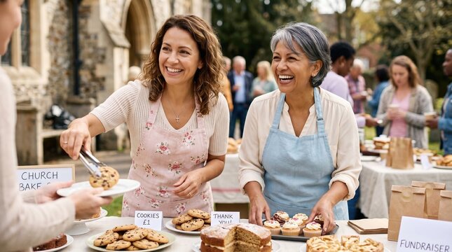 Cheerful women serving cookies at a church bake sale. Volunteers laughing at an outdoor community fundraiser. Charity event and fellowship concept