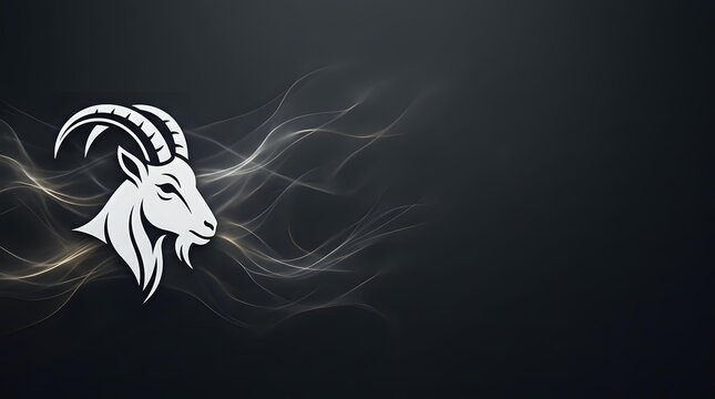 Stylized goat head with curved horns and flowing mane wisps