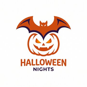 a colorful vector Halloween logo design featuring a scary carved pumpkin, flying bat, and text
