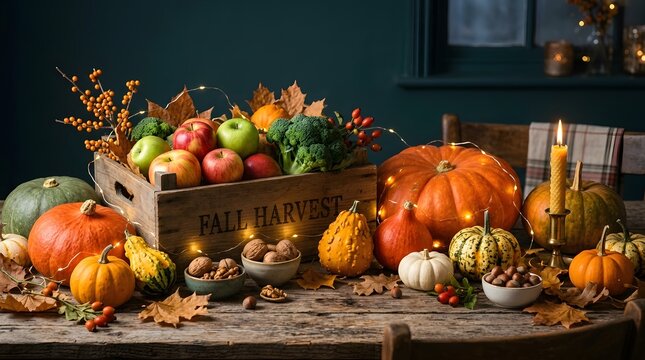 Autumn harvest still life with pumpkins, apples, and gourds on rustic wooden table