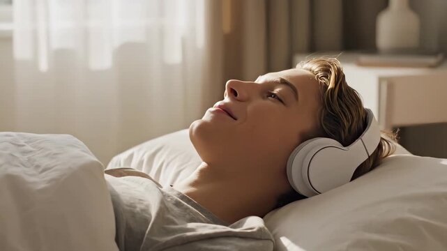 Serene young boy resting on bed with headphones gazing upward for auditory relaxation therapy, teen mental wellness blogs, and mindful listening habits awareness video