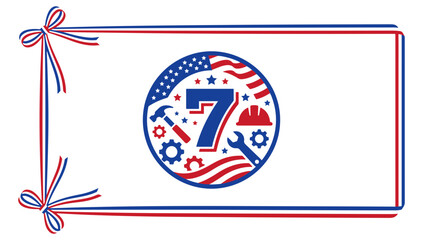 Naklejka premium Seven number badge illustration featuring american flag elements with construction tools and decorative ribbon border frame