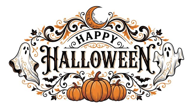 Happy Halloween Ornate Typography with Ghosts Pumpkins and Bats Design
