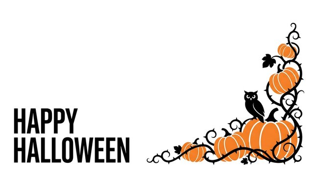 Happy Halloween Typography with Pumpkins Owl and Vine Corner Design