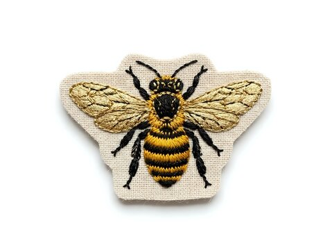 Embroidered bee patch with golden wings on cream fabric