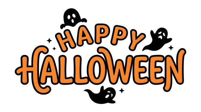 Happy Halloween Bold Typography with Playful Ghosts and Stars Illustration