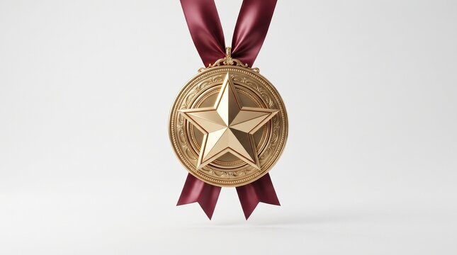 A shiny bronze medal featuring a prominent star shape hangs gracefully by a rich burgundy ribbon against a clean, minimalist white background