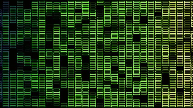 Abstract digital data stream with vertical green and yellow light columns, binary code sequences, networking, technology flow, cyber security