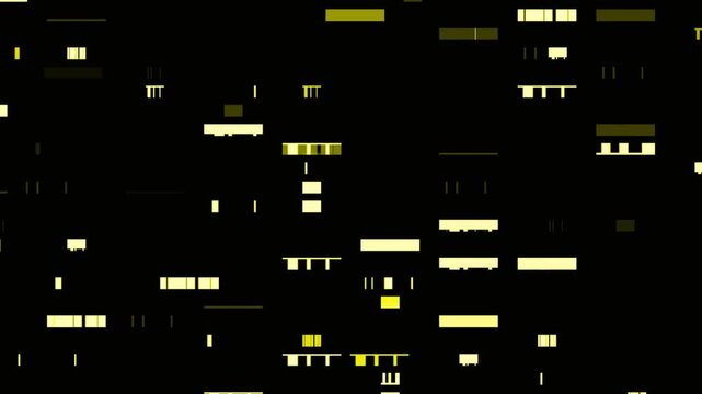 Abstract digital glitch overlay featuring flickering yellow data blocks on dark background, signal corruption texture, motion technology element