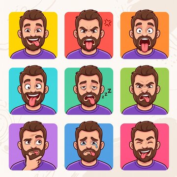 Man with funny tongue expressions in colorful backgrounds