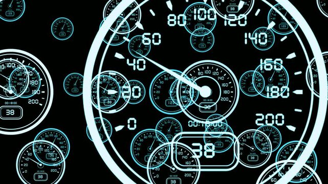 Abstract dynamic background with multiple floating speedometer gauges, digital speed indicators, performance tracking, car dashboard interface, motion blur, fast pace technology, data analytics