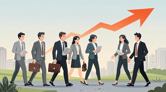 Business team walking together with upward growing arrow graph in background symbol of corporate success and financial growth concept