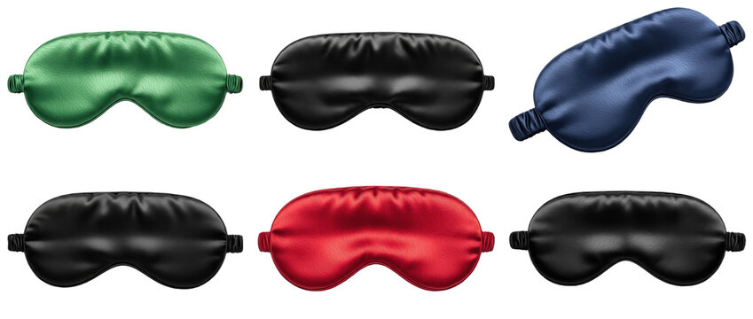 Collection of six silk sleep masks in various colors: green, black, blue, and red, isolated on a transparent background.