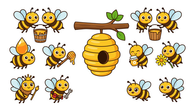 Cute Cartoon Honey Bee and Beehive Vector Set Featuring Queen Bee, Worker Bees Carrying Honey Buckets, and Nature Garden Graphic Elements