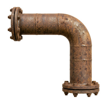 Rusty copper elbow pipe fitting with flanges on white background