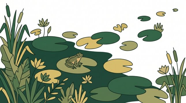 Small frog resting peacefully on a green lily pad in a serene pond landscape illustration featuring reeds and aquatic lotus flowers