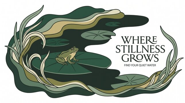 Hand-drawn illustration of a peaceful pond with a frog on a lily pad and inspirational typography