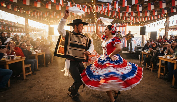 Vibrant Traditional Chilean Huaso and China Dancing Cueca at Fiestas Patrias Celebration