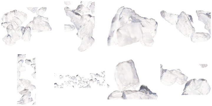 Collection of ice cubes and chunks isolated on transparent background